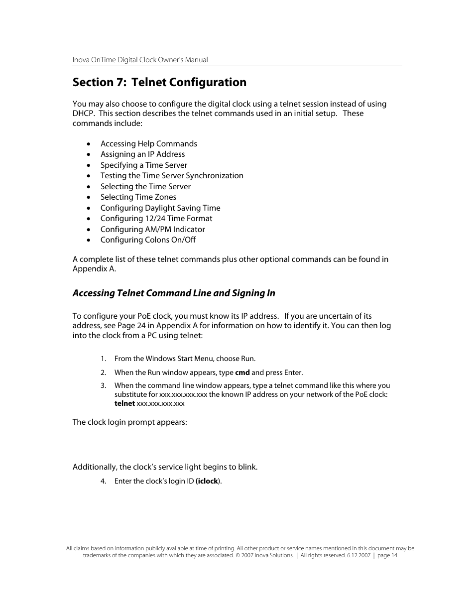 Section 7: telnet configuration, Accessing telnet command line and signing in | Inova OnTimeTM User Manual | Page 19 / 34