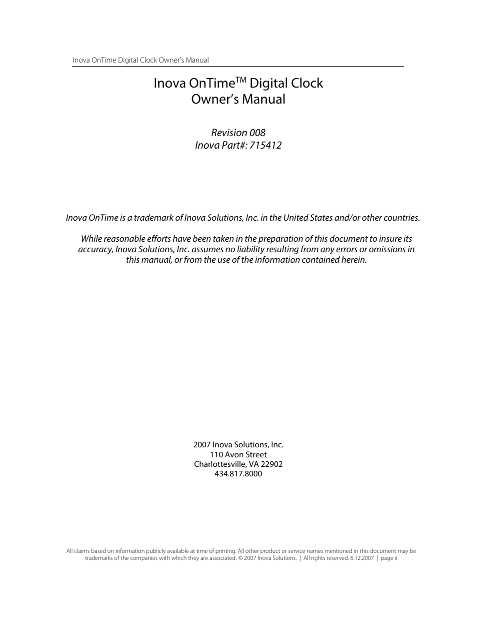 Inova ontime, Digital clock owner’s manual | Inova OnTimeTM User Manual | Page 2 / 34