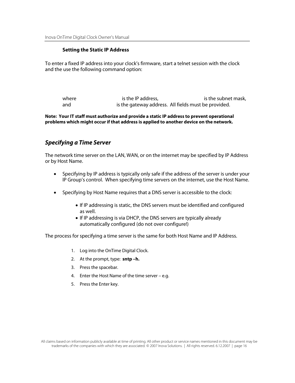 Setting the static ip address, Specifying a time server | Inova OnTimeTM User Manual | Page 21 / 34