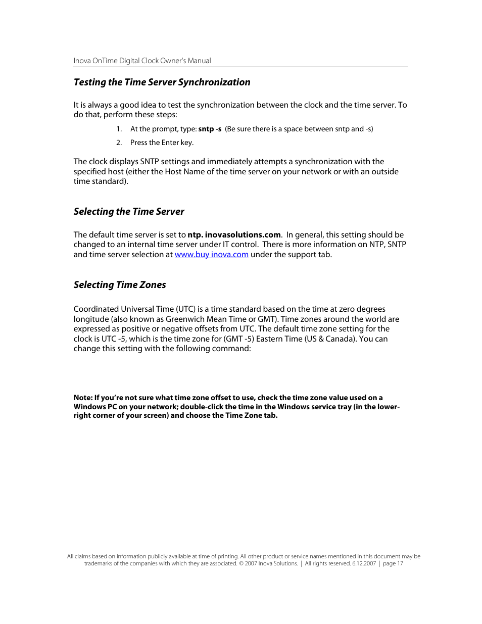 Testing the time server synchronization, Selecting the time server, Selecting time zones | Inova OnTimeTM User Manual | Page 22 / 34