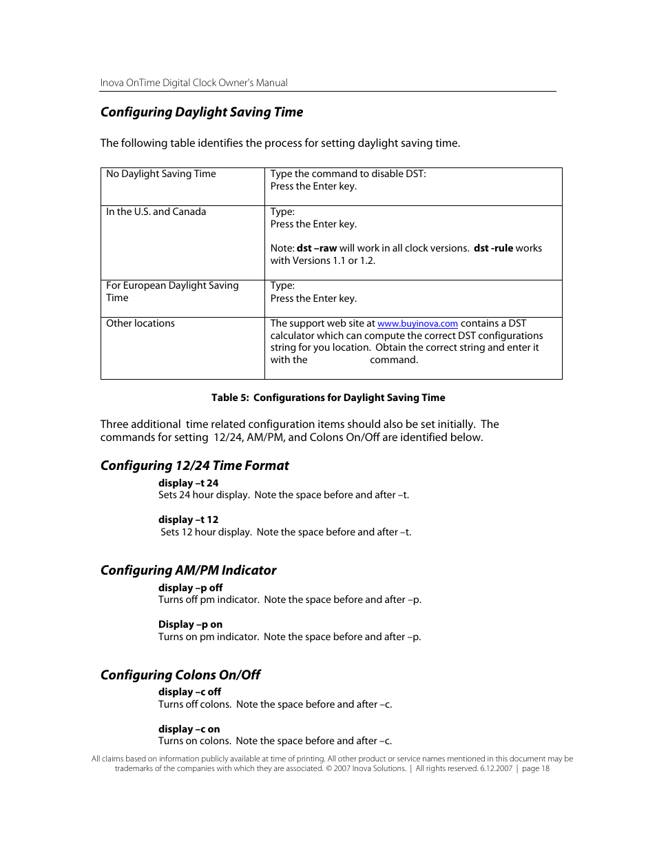 Configuring daylight saving time, Configuring 12/24 time format, Configuring am/pm indicator | Configuring colons on/off, Table 5: configurations for daylight saving time | Inova OnTimeTM User Manual | Page 23 / 34