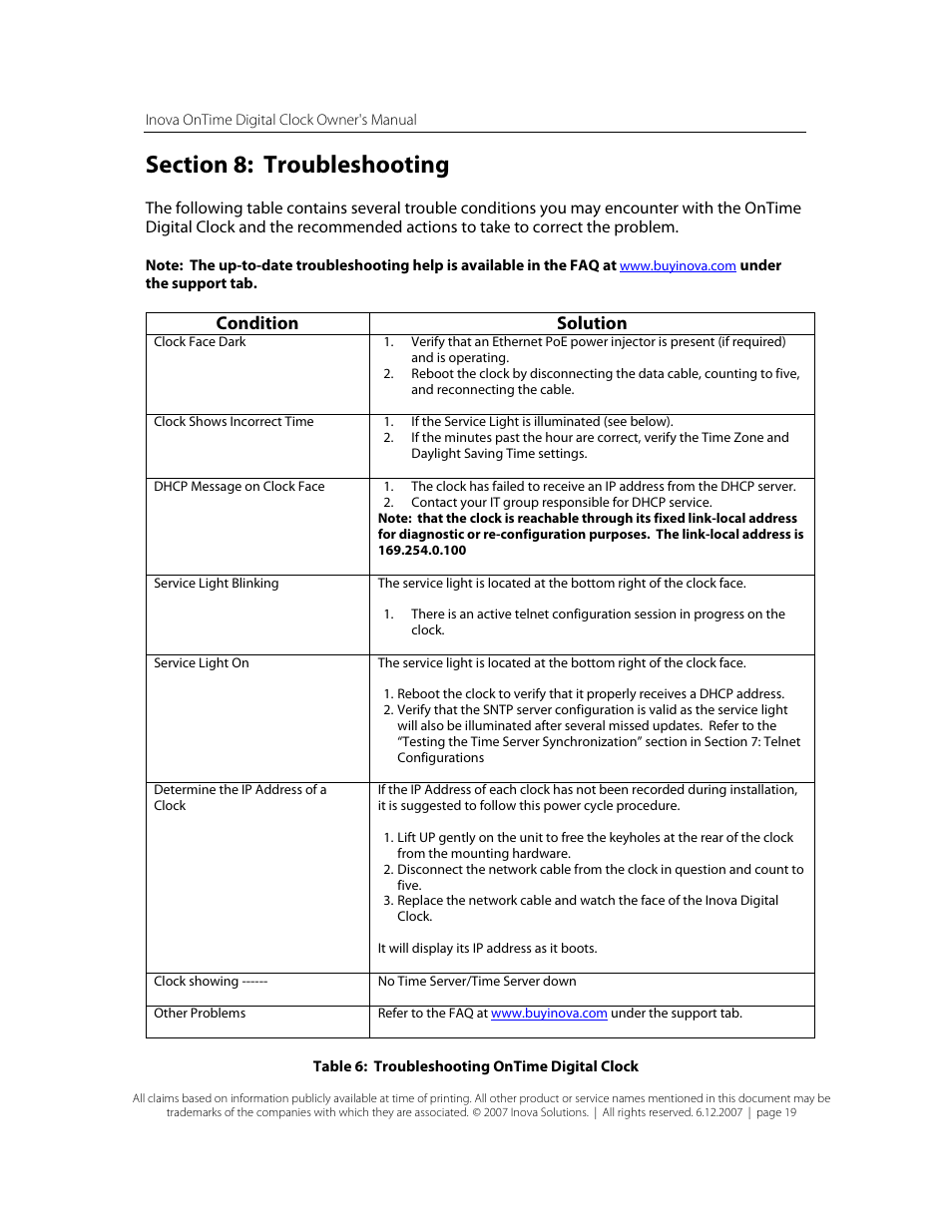 Section 8: troubleshooting, Table 6: troubleshooting digital clock, Condition solution | Inova OnTimeTM User Manual | Page 24 / 34