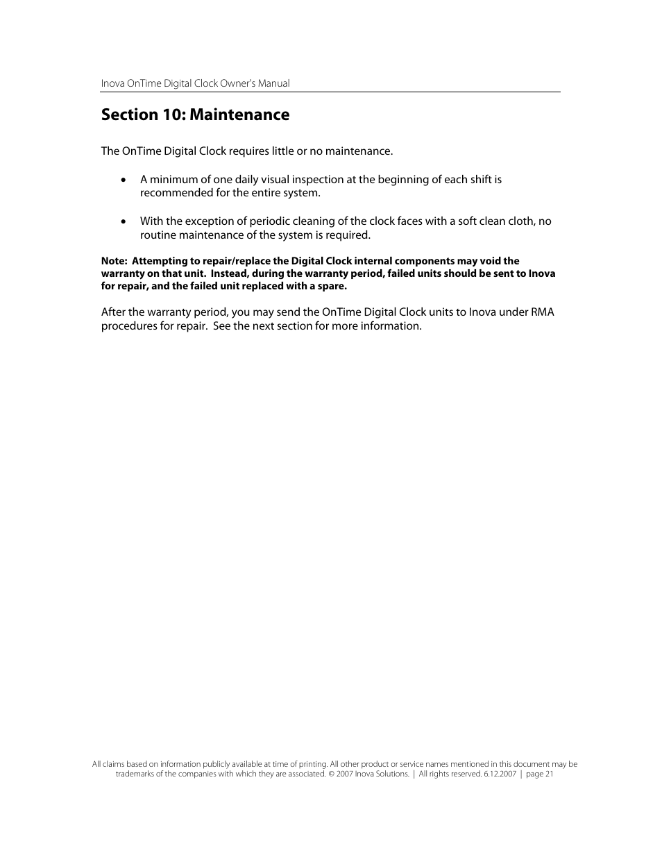 Section 10: maintenance | Inova OnTimeTM User Manual | Page 26 / 34