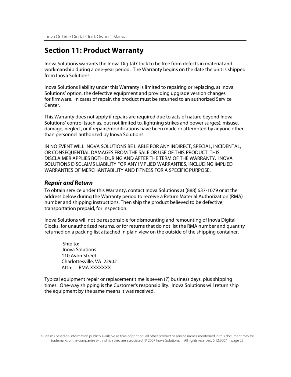Section 11: product warranty, Repair and return | Inova OnTimeTM User Manual | Page 27 / 34