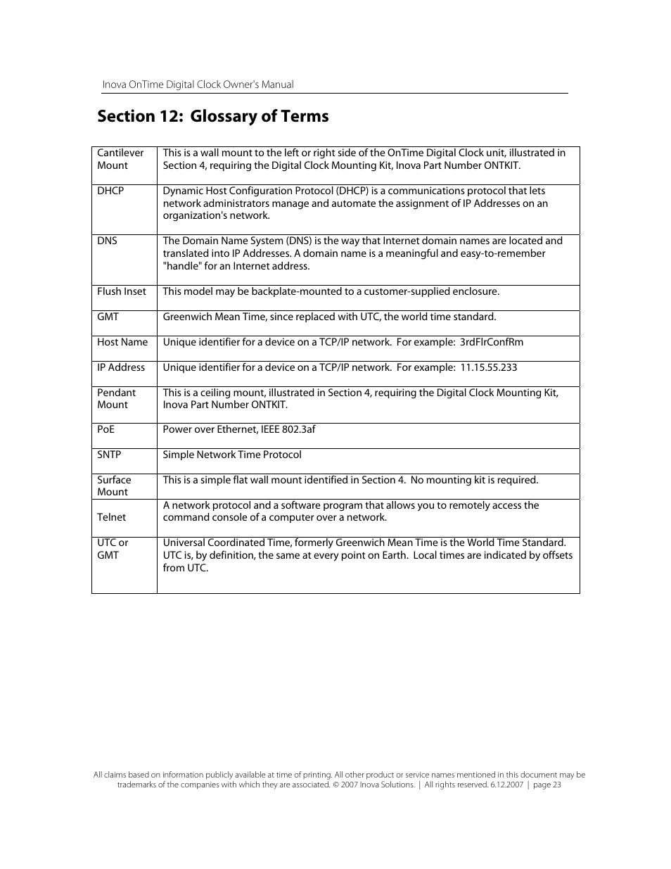 Section 12: glossary of terms | Inova OnTimeTM User Manual | Page 28 / 34