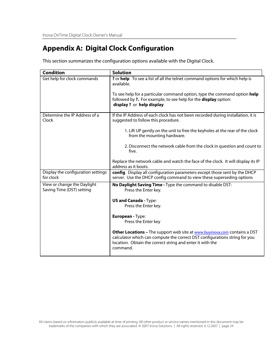 Appendix a: digital clock configuration | Inova OnTimeTM User Manual | Page 29 / 34