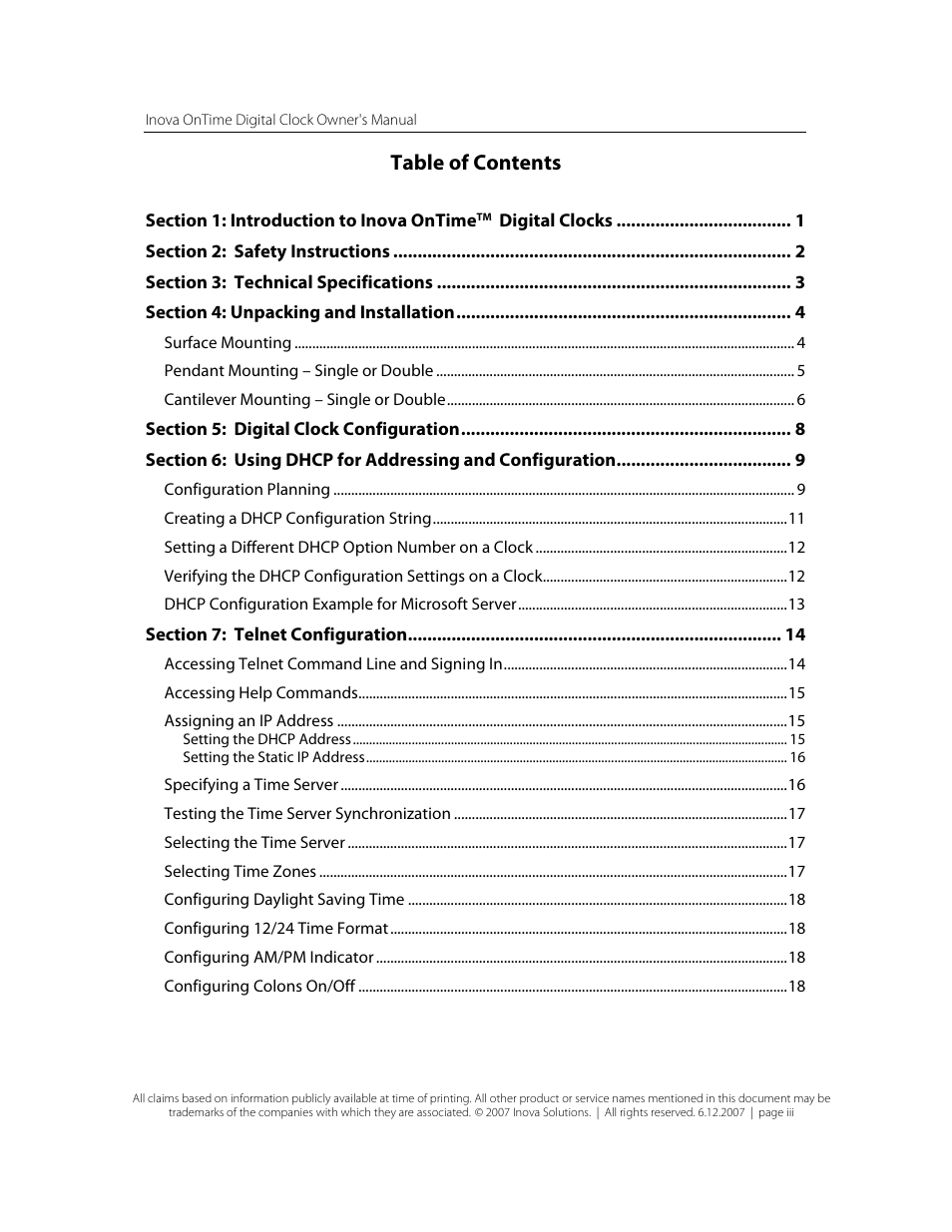 Section 2: safety instructions 2, Section 3: technical specifications 3, Section 4: unpacking and installation 4 | Surface mounting 4, Pendant mounting – single or double 5, Cantilever mounting – single or double 6, Section 5: digital clock configuration 8, Configuration planning 9, Creating a dhcp configuration string 11, Dhcp configuration example for microsoft server 13 | Inova OnTimeTM User Manual | Page 3 / 34