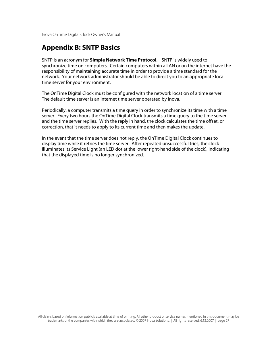 Appendix b: sntp basics | Inova OnTimeTM User Manual | Page 32 / 34