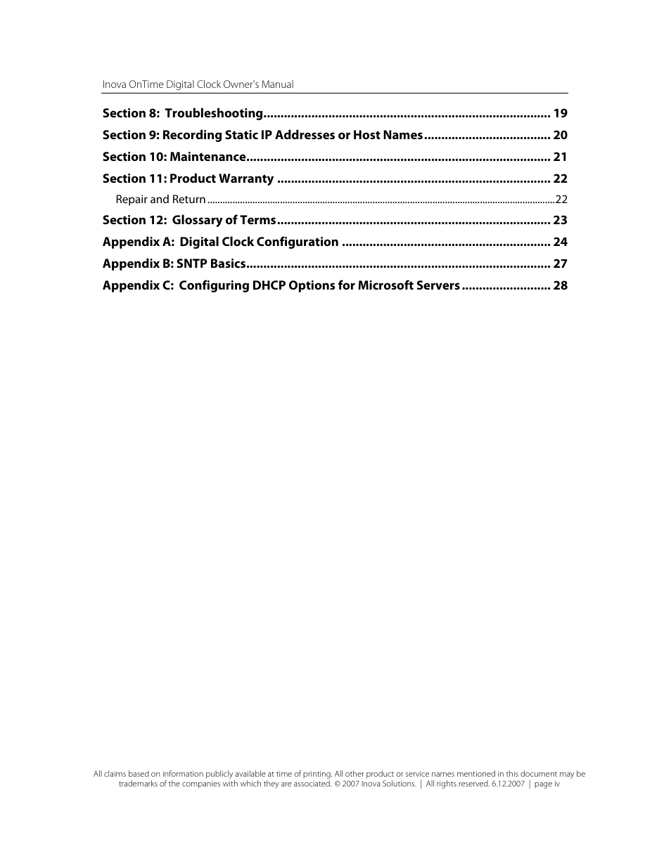 Section 8: troubleshooting 19, Section 10: maintenance 21, Section 11: product warranty 22 | Repair and return 22, Section 12: glossary of terms 23, Appendix a: digital clock configuration 24, Appendix b: sntp basics 27 | Inova OnTimeTM User Manual | Page 4 / 34