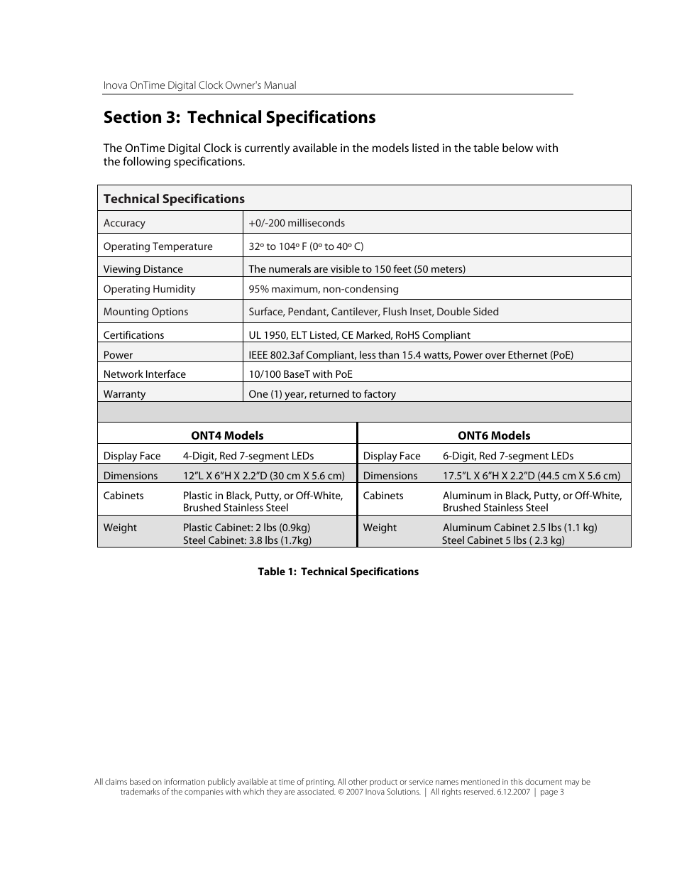 Section 3: technical specifications, Table 1: technical specifications | Inova OnTimeTM User Manual | Page 8 / 34