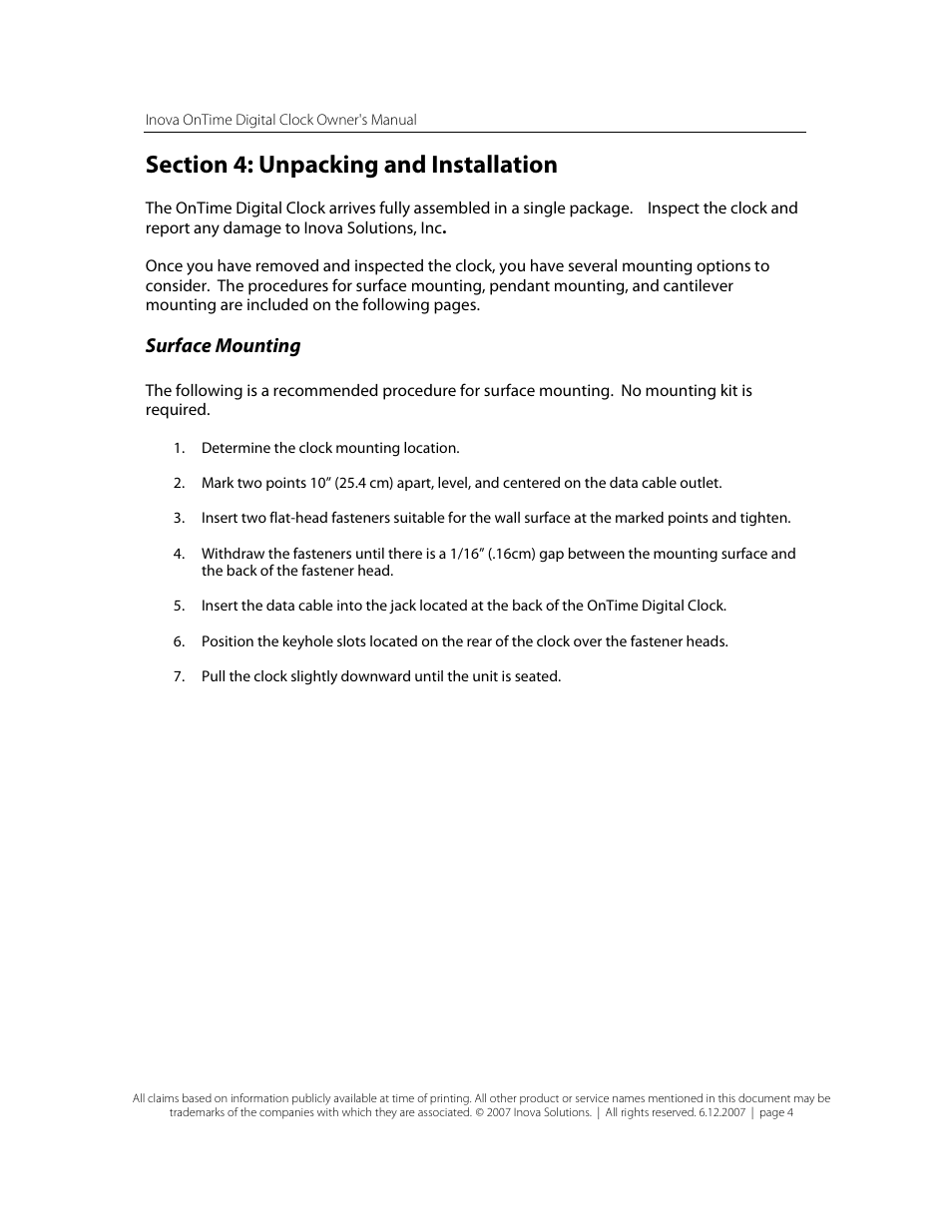 Section 4: unpacking and installation, Surface mounting | Inova OnTimeTM User Manual | Page 9 / 34