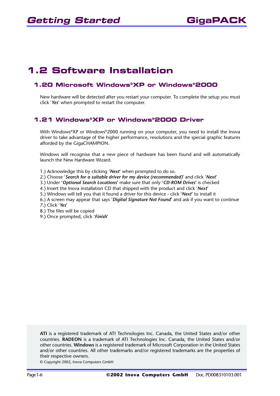 2 software installation, 20 microsoft windows®xp or windows®2000, 21 windows®xp or windows®2000 driver | 2 software installation -6, Getting started, Gigapack | Inova GigaHub PD008310103.001 AB User Manual | Page 13 / 31