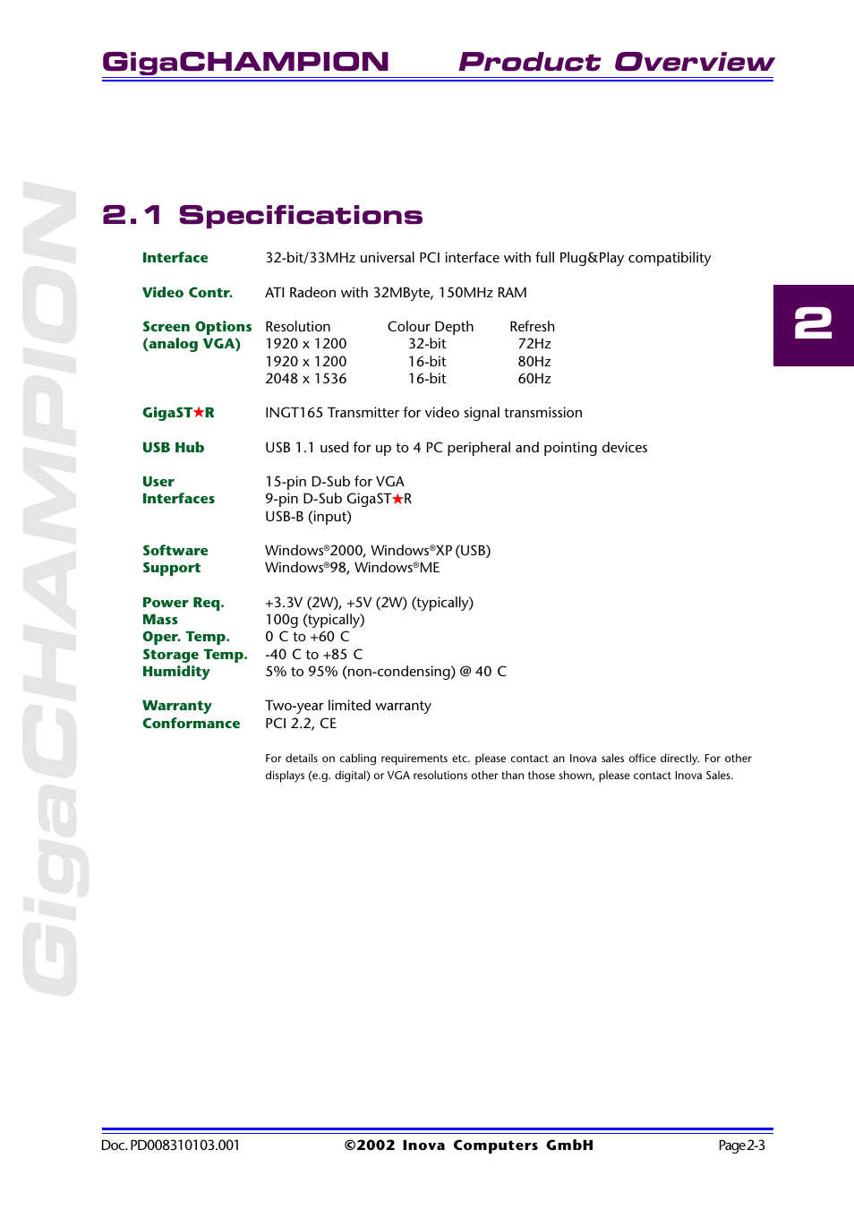 1 specifications, 1 specifications -3, Product overview | Gigachampion | Inova GigaHub PD008310103.001 AB User Manual | Page 16 / 31