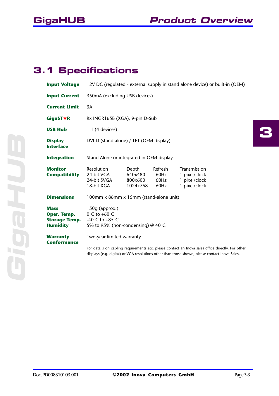 1 specifications, 1 specifications -3, Product overview | Gigahub | Inova GigaHub PD008310103.001 AB User Manual | Page 22 / 31