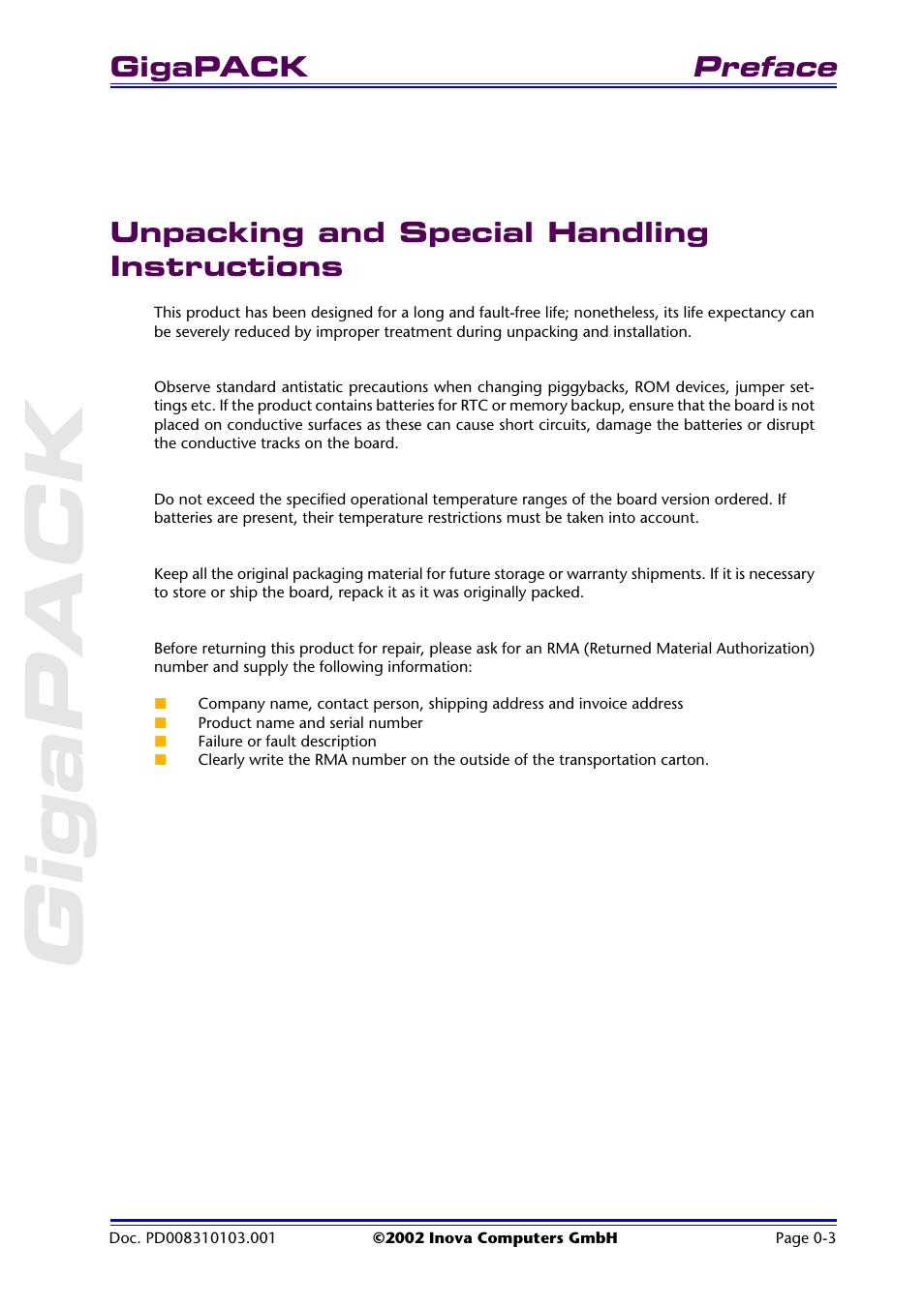 Unpacking and special handling instructions, Unpacking and special handling instruc- tions, Preface | Gigapack | Inova GigaHub PD008310103.001 AB User Manual | Page 5 / 31