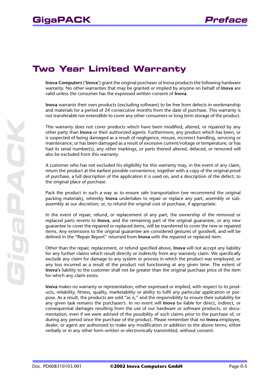 Two year limited warranty, Preface, Gigapack | Inova GigaHub PD008310103.001 AB User Manual | Page 7 / 31