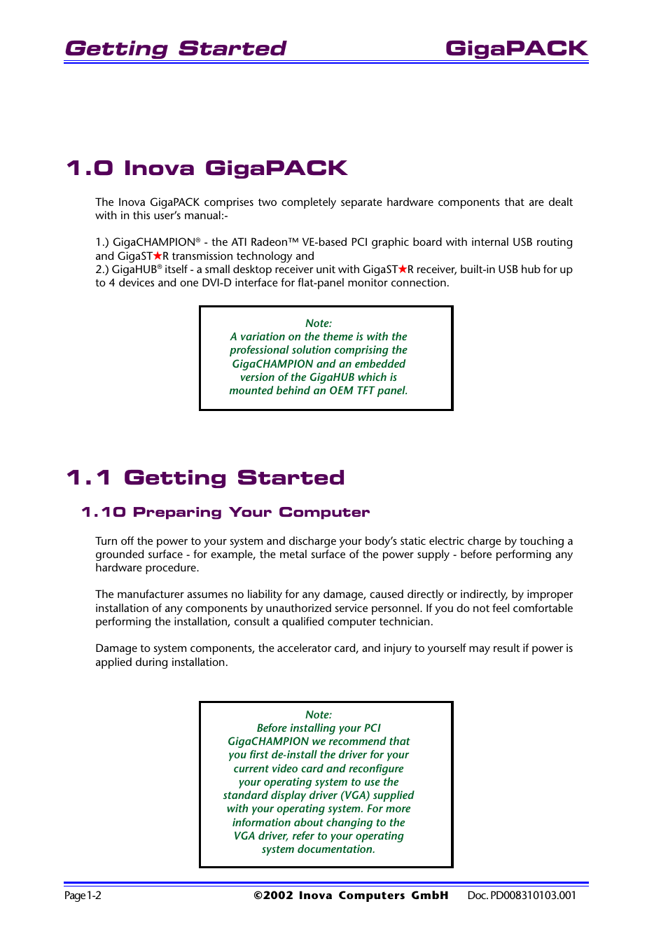 0 inova gigapack, 1 getting started, 10 preparing your computer | 0 inova gigapack -2 1.1 getting started -2, 10 preparing your computer -2, Getting started, Gigapack 1.0 inova gigapack | Inova GigaHub PD008310103.001 AB User Manual | Page 9 / 31