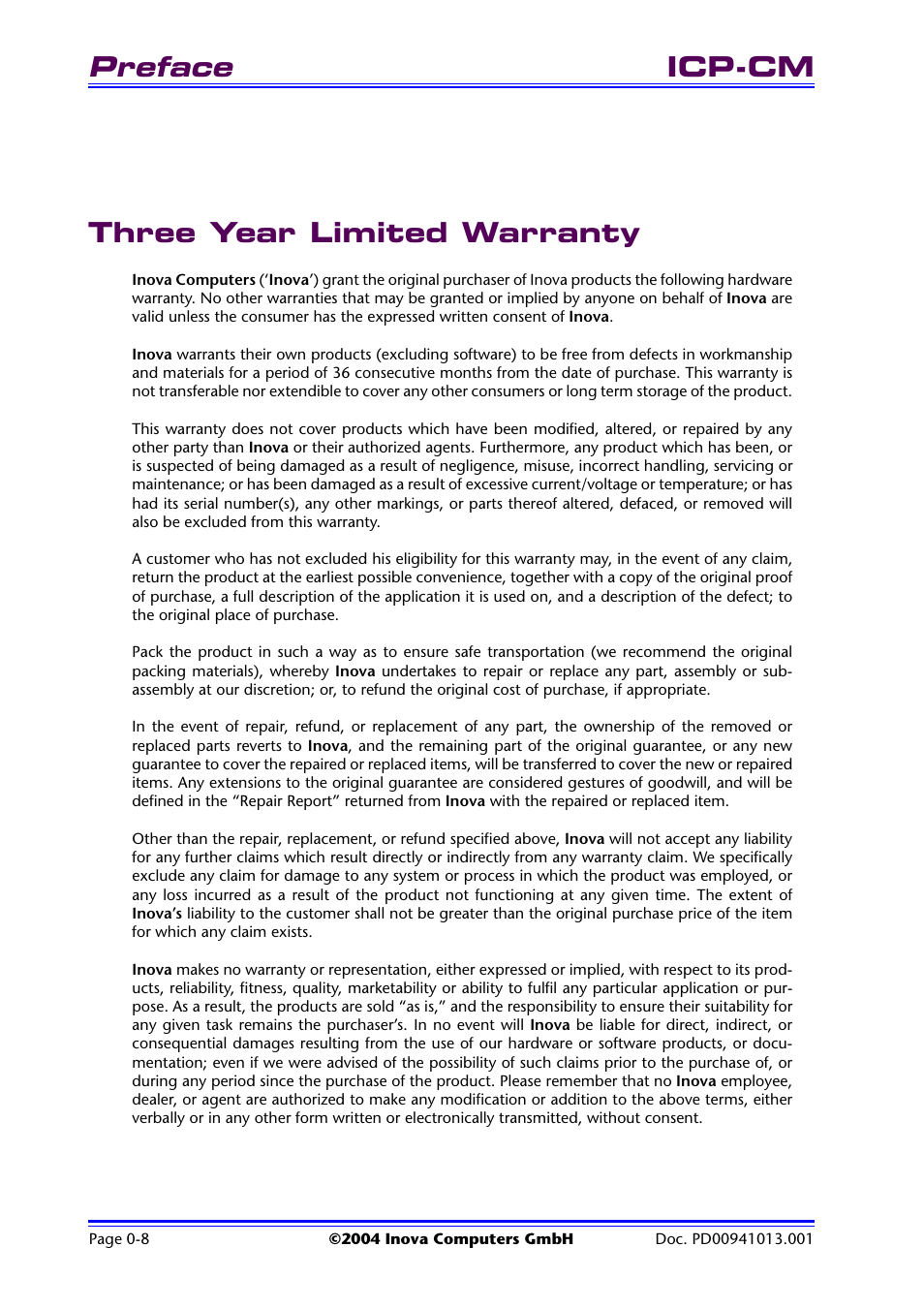 Three year limited warranty, Preface, Icp-cm three year limited warranty | Inova PD00941013.001 User Manual | Page 10 / 103