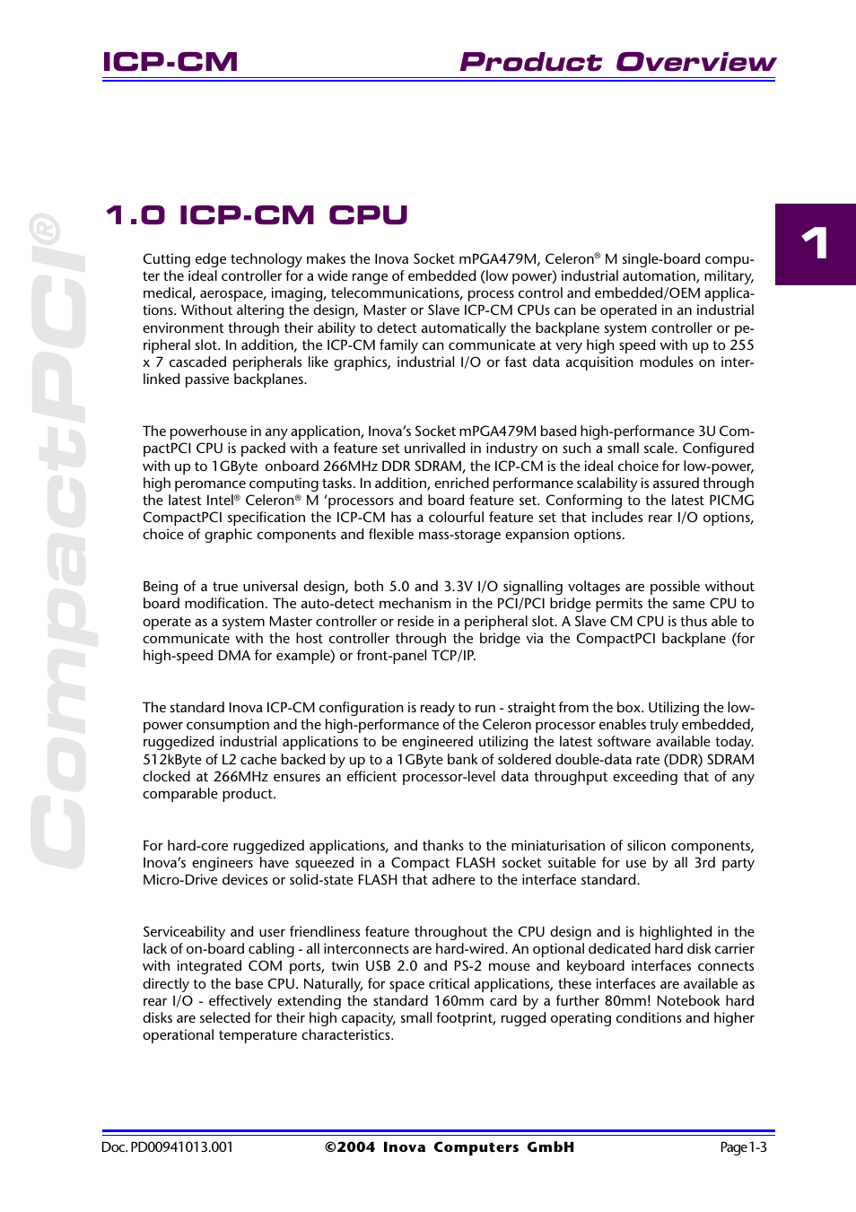 0 icp-cm cpu, 0 icp-cm cpu -3, Compactpci | Product overview, Icp-cm | Inova PD00941013.001 User Manual | Page 13 / 103