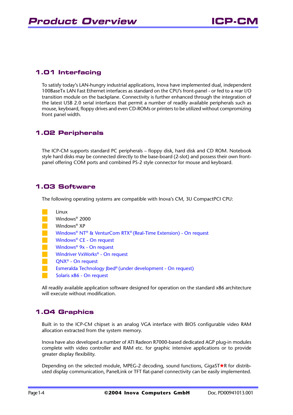 01 interfacing, 02 peripherals, 03 software | 04 graphics, Product overview, Icp-cm | Inova PD00941013.001 User Manual | Page 14 / 103