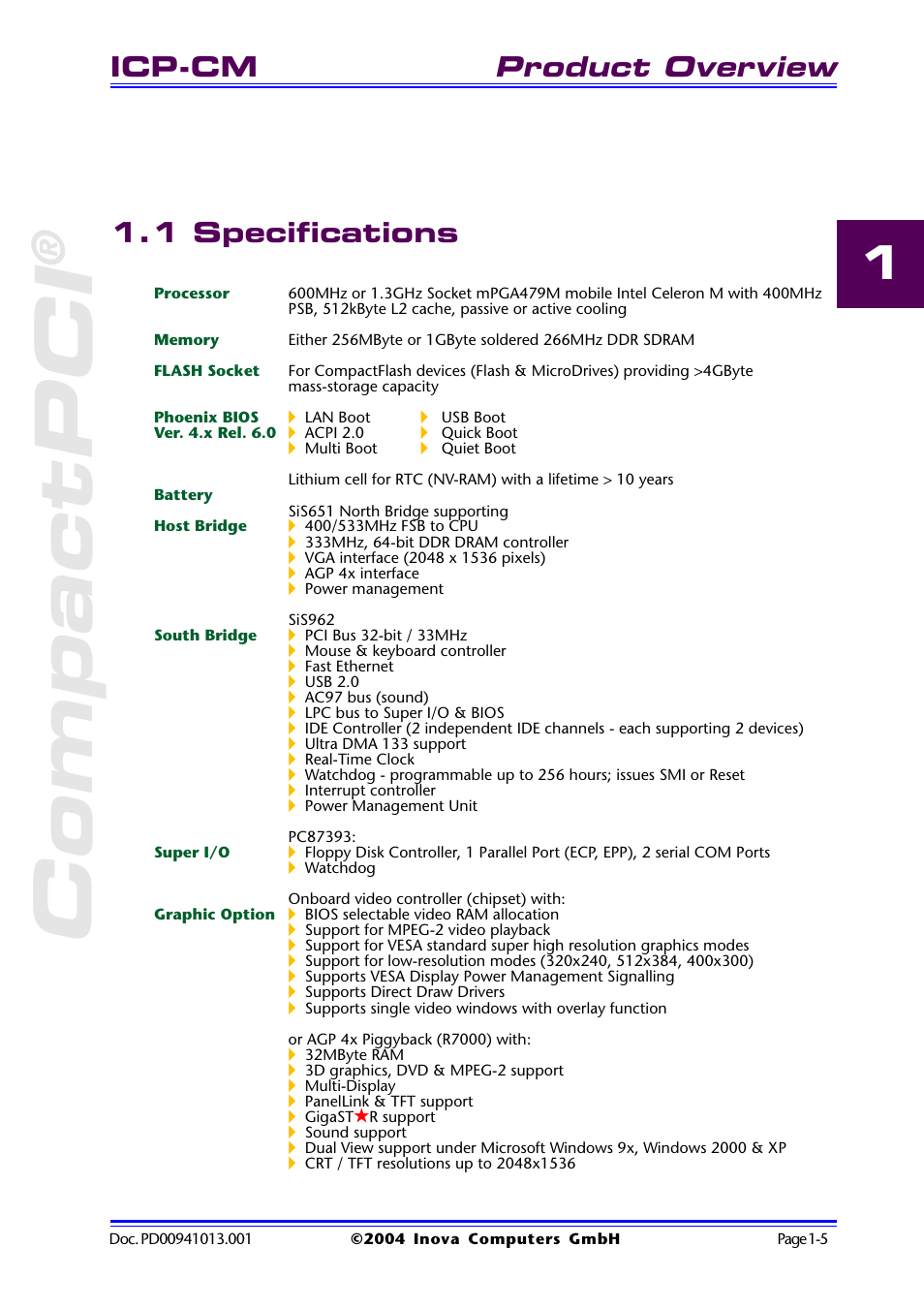 1 specifications, 1 specifications -5, Compactpci | Product overview, Icp-cm | Inova PD00941013.001 User Manual | Page 15 / 103