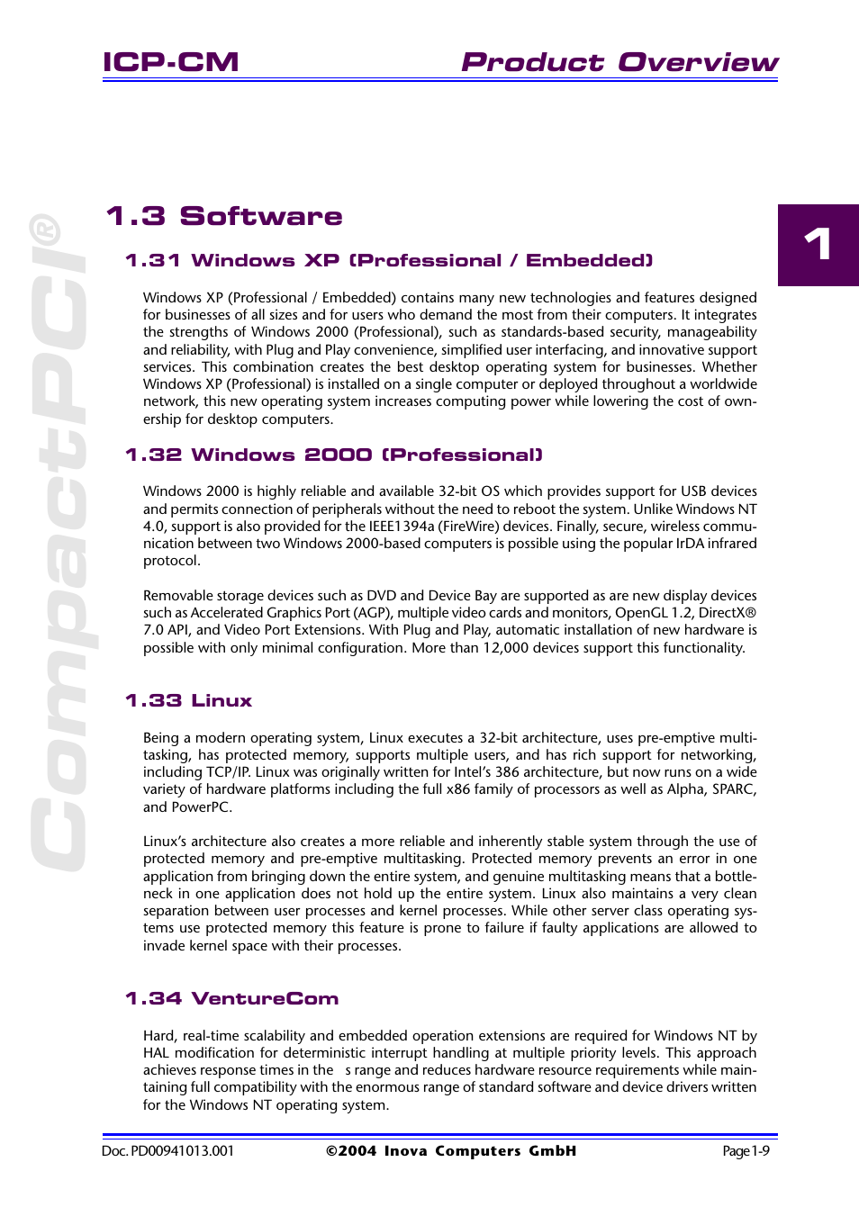 3 software, 31 windows xp (professional / embedded), 32 windows 2000 (professional) | 33 linux, 34 venturecom, 3 software -9, Compactpci, Product overview, Icp-cm | Inova PD00941013.001 User Manual | Page 19 / 103