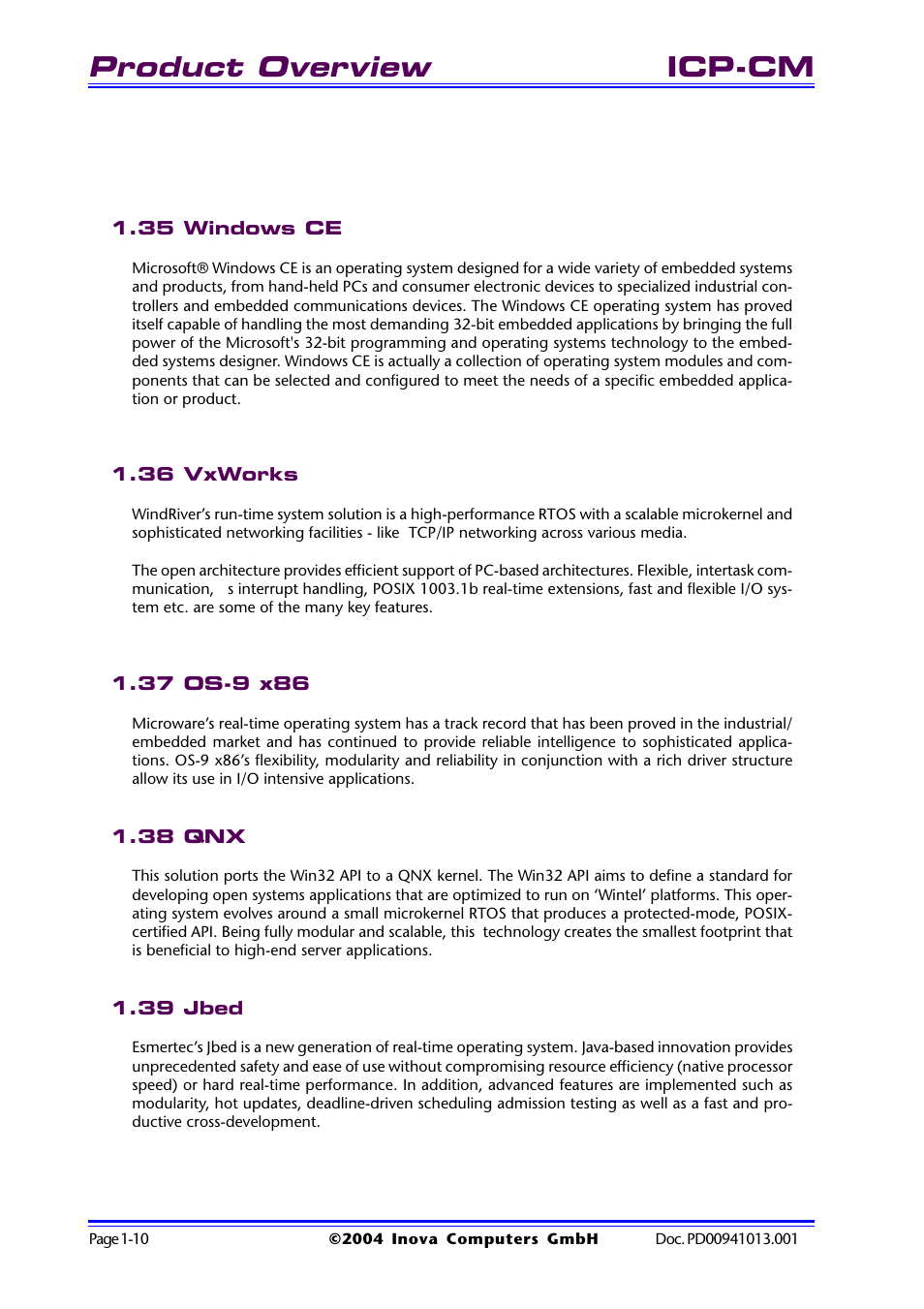 35 windows ce, 36 vxworks, 37 os-9 x86 | 38 qnx, 39 jbed, Product overview, Icp-cm | Inova PD00941013.001 User Manual | Page 20 / 103