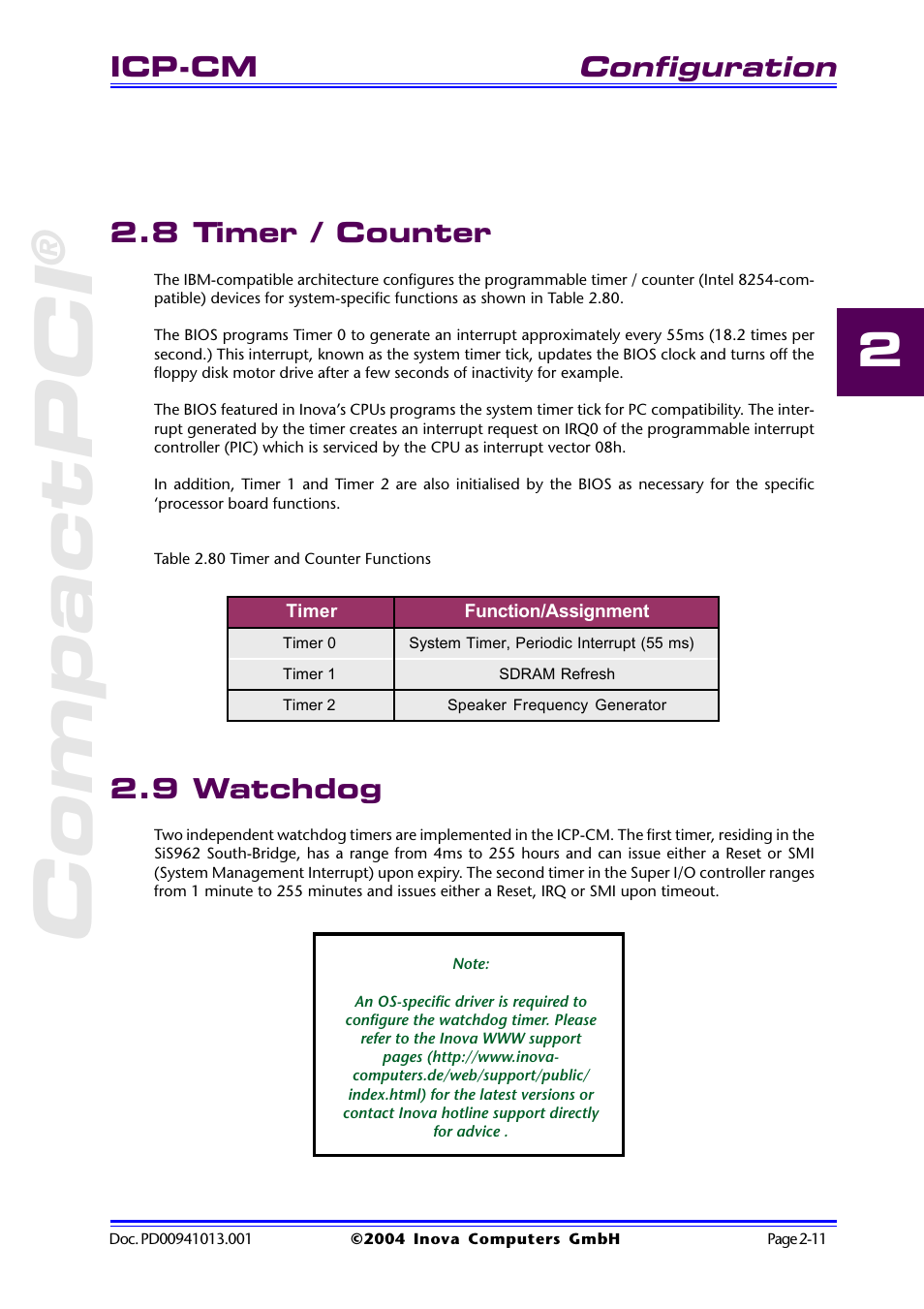 8 timer / counter, 9 watchdog, 8 timer / counter -11 2.9 watchdog -11 | Compactpci, Configuration, Icp-cm | Inova PD00941013.001 User Manual | Page 43 / 103
