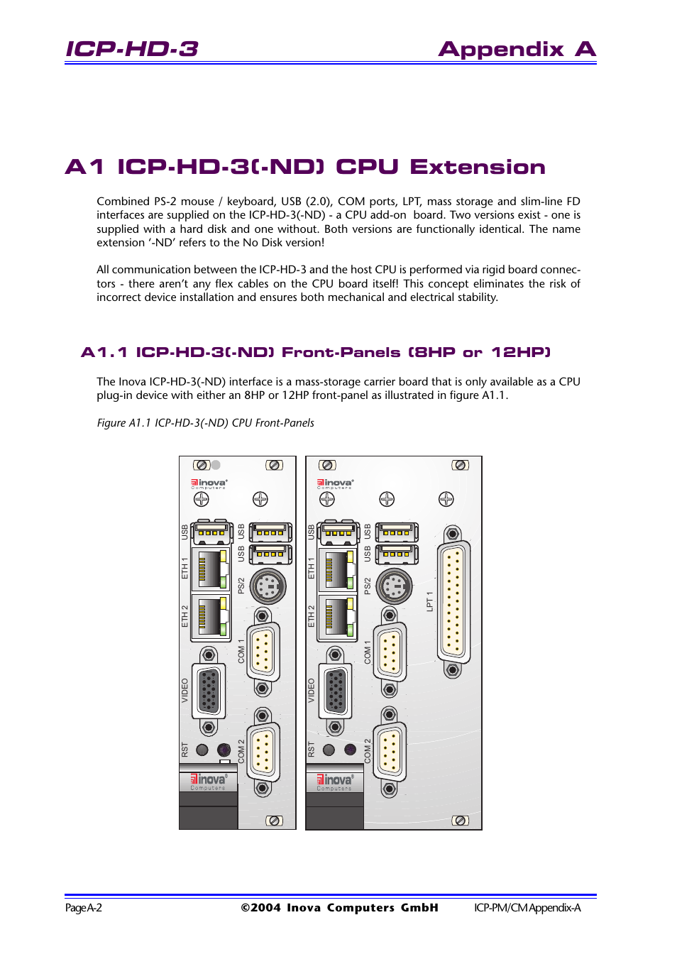 A1 icp-hd-3(-nd) cpu extension, A1.1 icp-hd-3(-nd) front-panels (8hp or 12hp), Figure a1.1 icp-hd-3(-nd) cpu front-panels | A1 icp-hd-3(-nd) cpu extension .. a-2, Icp-hd-3, Appendix a a1 icp-hd-3(-nd) cpu extension | Inova PD00941013.001 User Manual | Page 60 / 103