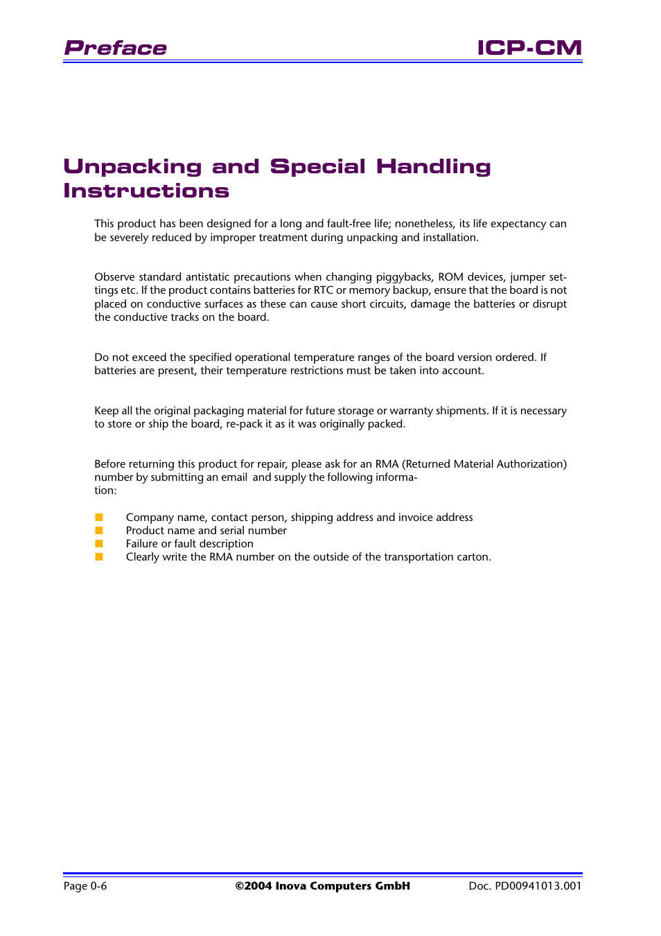 Unpacking and special handling instructions, Unpacking and special handling instruc- tions, Preface | Icp-cm unpacking and special handling instructions | Inova PD00941013.001 User Manual | Page 8 / 103