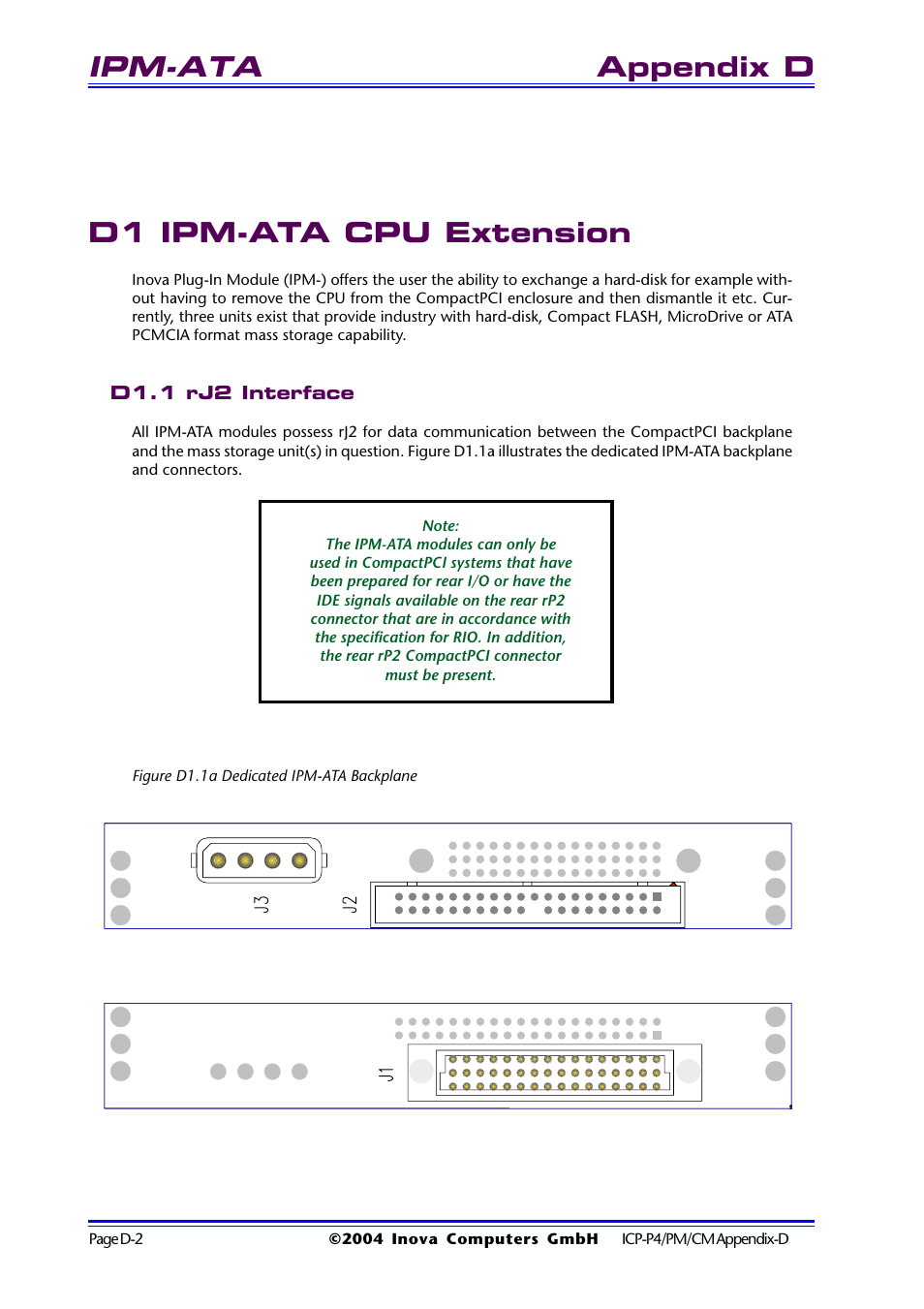 D1 ipm-ata cpu extension, D1.1 rj2 interface, Figure d1.1a dedicated ipm-ata backplane | D1 ipm-ata cpu extension .......... d-2, Ipm-ata, Appendix d d1 ipm-ata cpu extension | Inova PD00941013.001 User Manual | Page 86 / 103