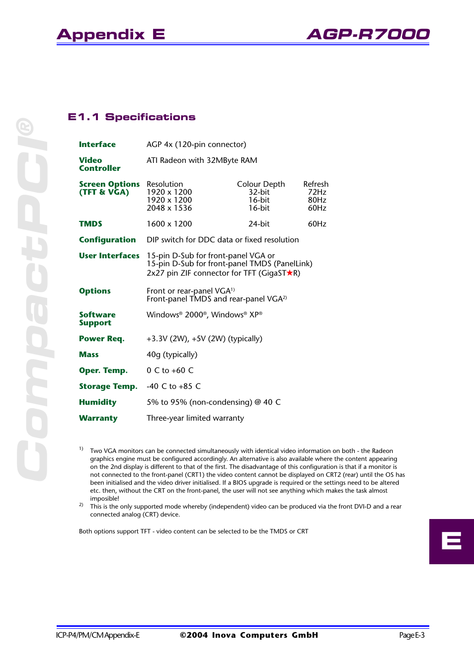 E1.1 specifications, Compactpci, Agp-r7000 | Appendix e | Inova PD00941013.001 User Manual | Page 95 / 103