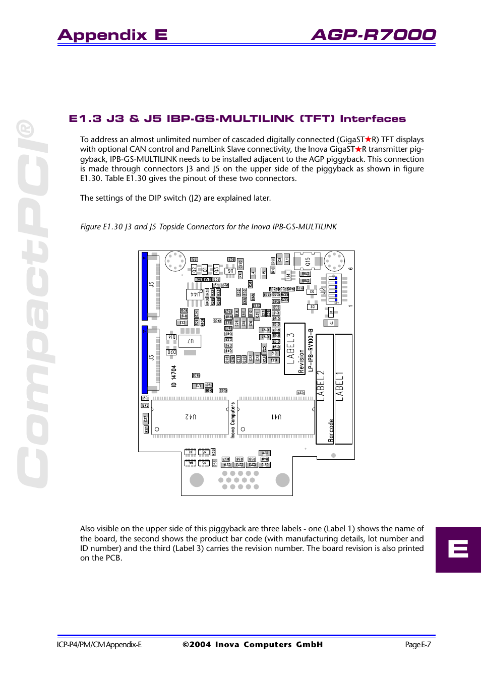 E1.3 j3 & j5 ibp-gs-multilink (tft) interfaces, Compactpci, Agp-r7000 | Appendix e | Inova PD00941013.001 User Manual | Page 99 / 103