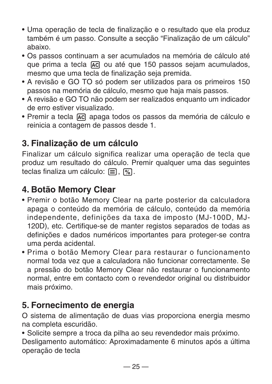 Finalização de um cálculo, Fornecimento de energia | Casio DJ-120D User Manual | Page 28 / 75