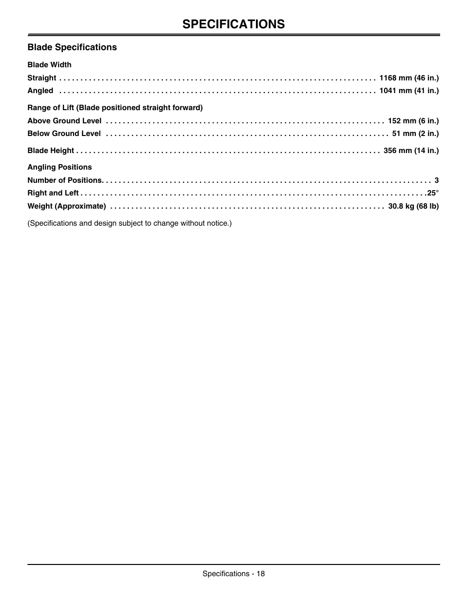 Specifications, Blade specifications, Blade width | Range of lift (blade positioned straight forward), Angling positions | John Deere OMGX10902 I0 User Manual | Page 22 / 24