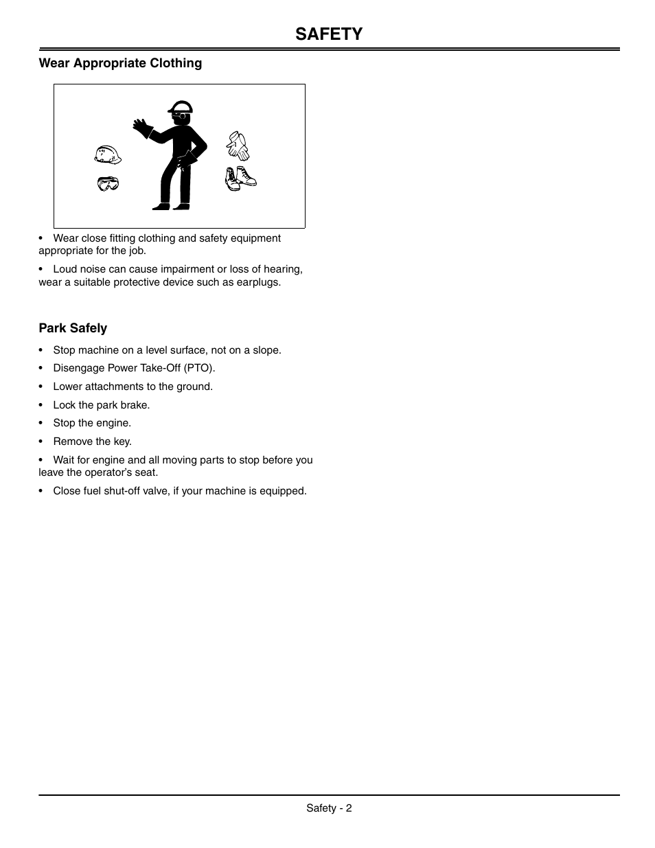 Wear appropriate clothing, Park safely, Safety | John Deere OMGX10902 I0 User Manual | Page 6 / 24