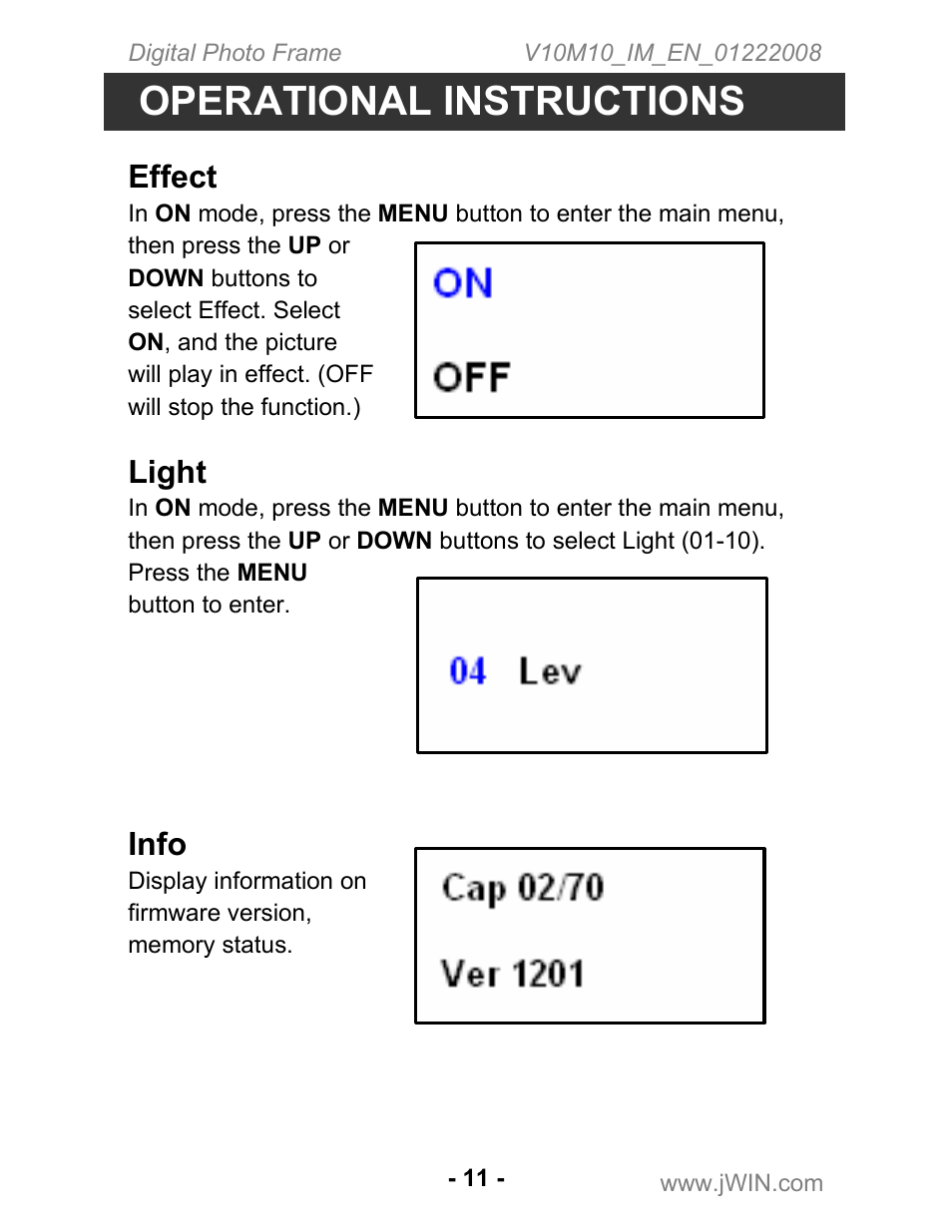 Operational instructions, Effect, Light | Info | Jwin JP-121 User Manual | Page 11 / 16
