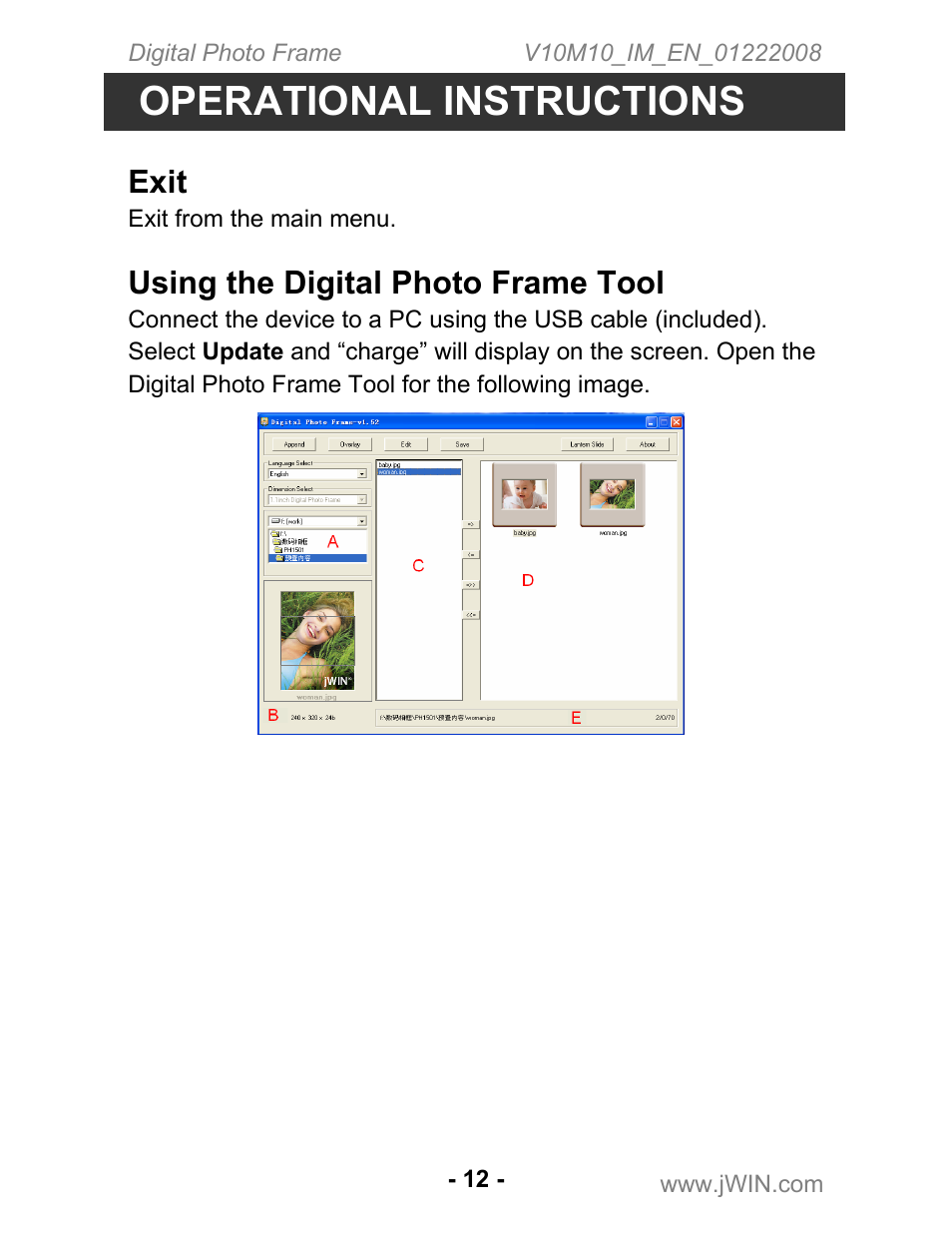 Operational instructions, Exit, Using the digital photo frame tool | Jwin JP-121 User Manual | Page 12 / 16