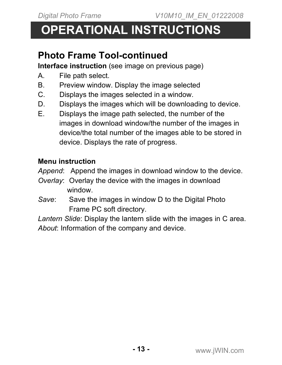 Operational instructions, Photo frame tool-continued | Jwin JP-121 User Manual | Page 13 / 16