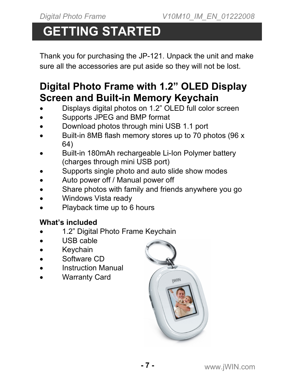 Getting started | Jwin JP-121 User Manual | Page 7 / 16