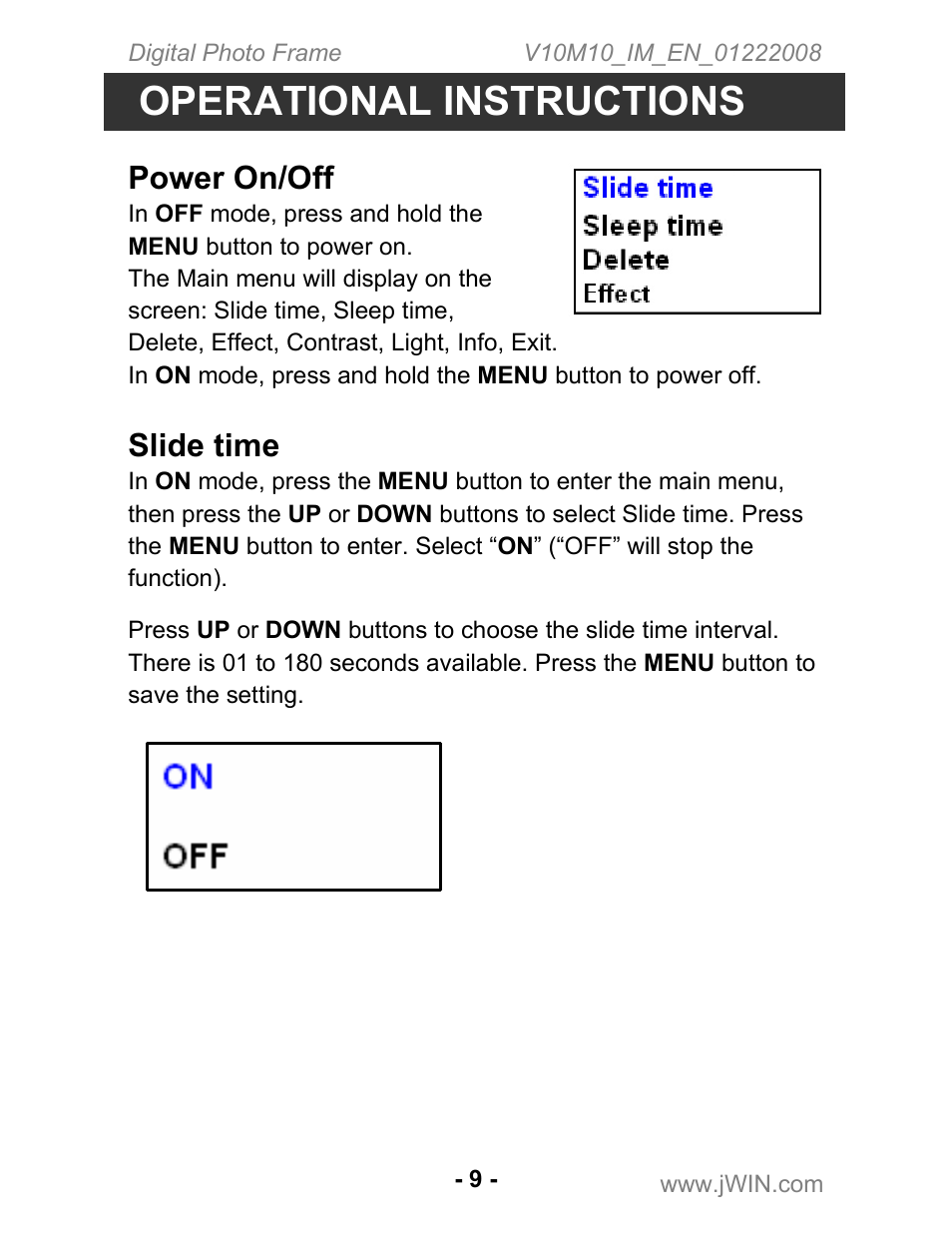 Operational instructions, Power on/off, Slide time | Jwin JP-121 User Manual | Page 9 / 16
