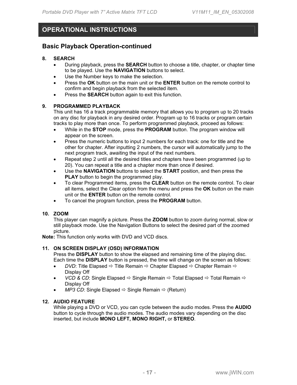 Operational instructions, Basic playback operation-continued | Jwin JDVD760 User Manual | Page 19 / 24