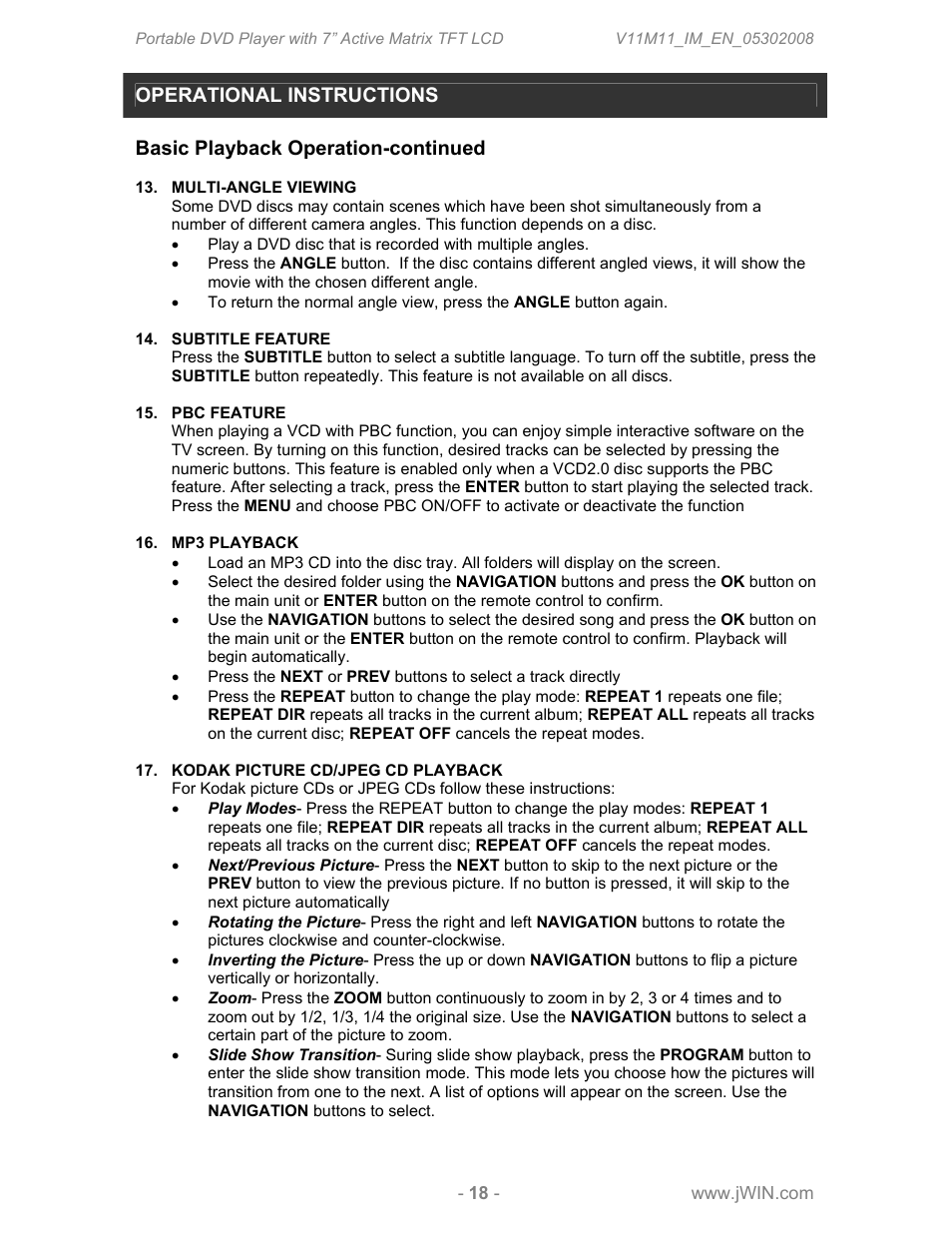 Operational instructions, Basic playback operation-continued | Jwin JDVD760 User Manual | Page 20 / 24