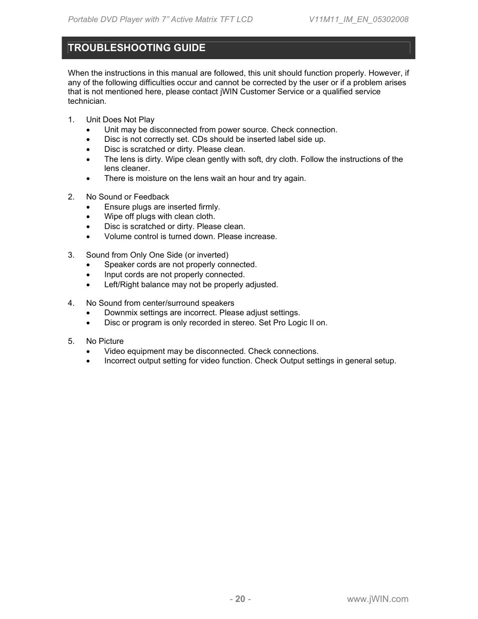 Troubleshooting guide | Jwin JDVD760 User Manual | Page 22 / 24