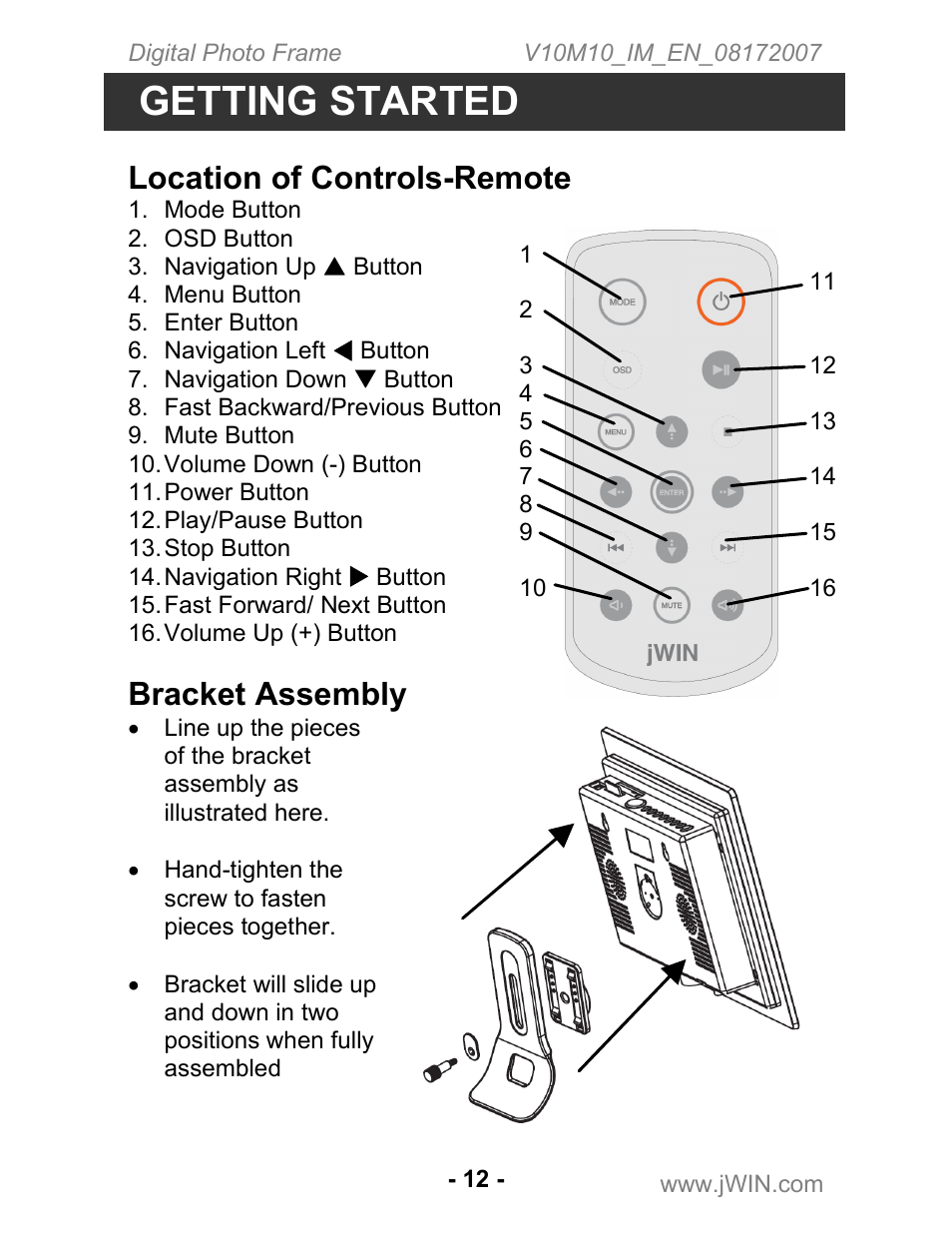 Getting started, Location of controls-remote, Bracket assembly | Jwin JP-147 User Manual | Page 12 / 24