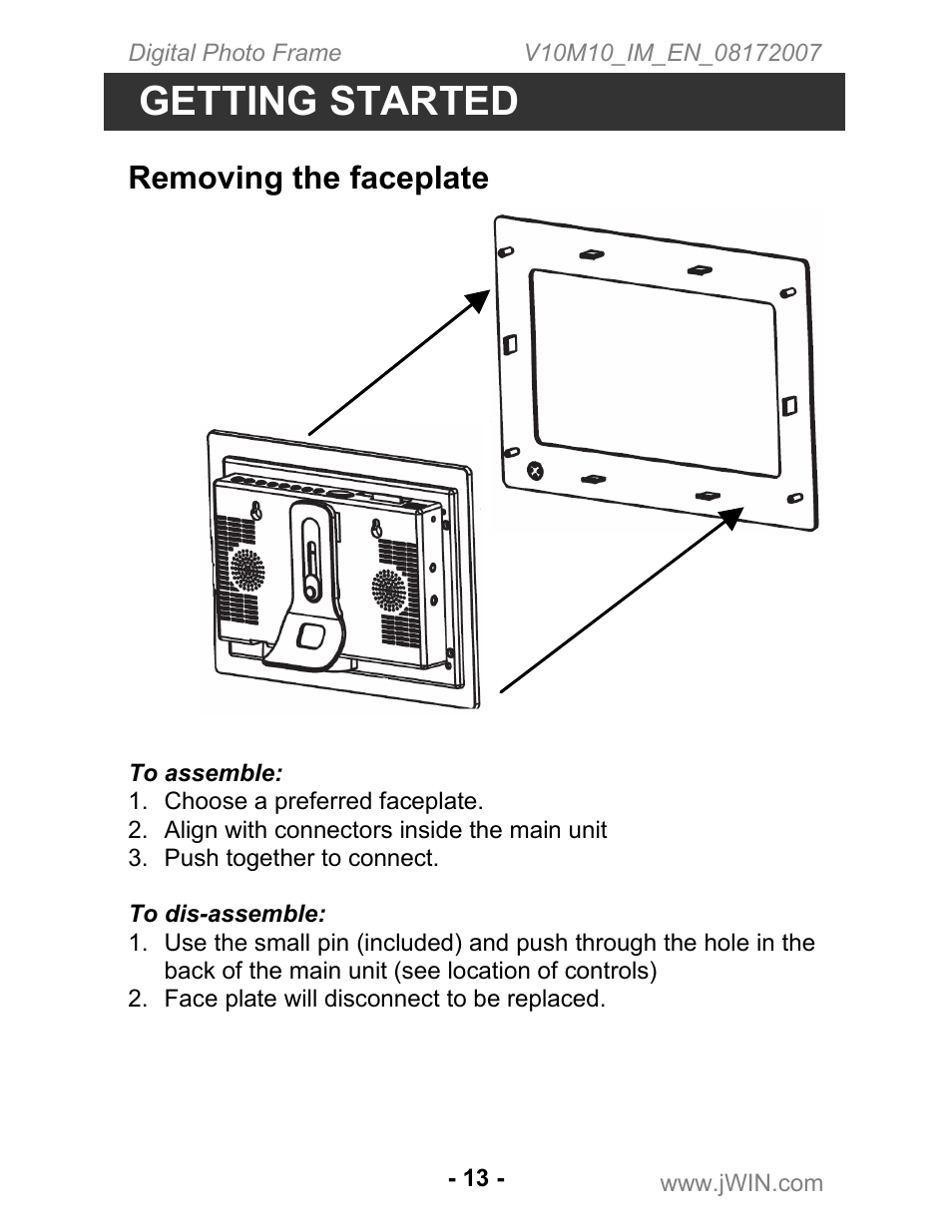 Getting started, Removing the faceplate | Jwin JP-147 User Manual | Page 13 / 24