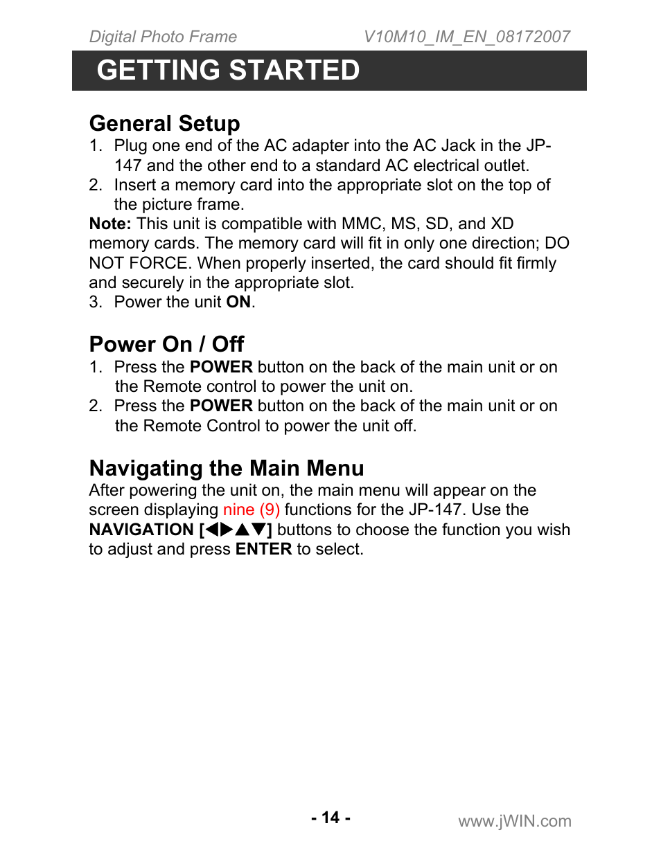 Getting started, General setup, Power on / off | Navigating the main menu | Jwin JP-147 User Manual | Page 14 / 24