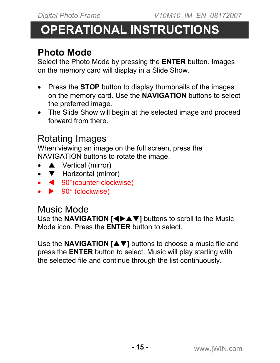 Operational instructions, Photo mode, Rotating images | Music mode | Jwin JP-147 User Manual | Page 15 / 24