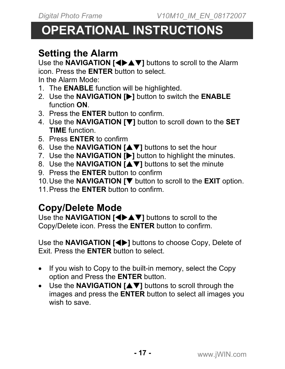 Operational instructions, Setting the alarm, Copy/delete mode | Jwin JP-147 User Manual | Page 17 / 24