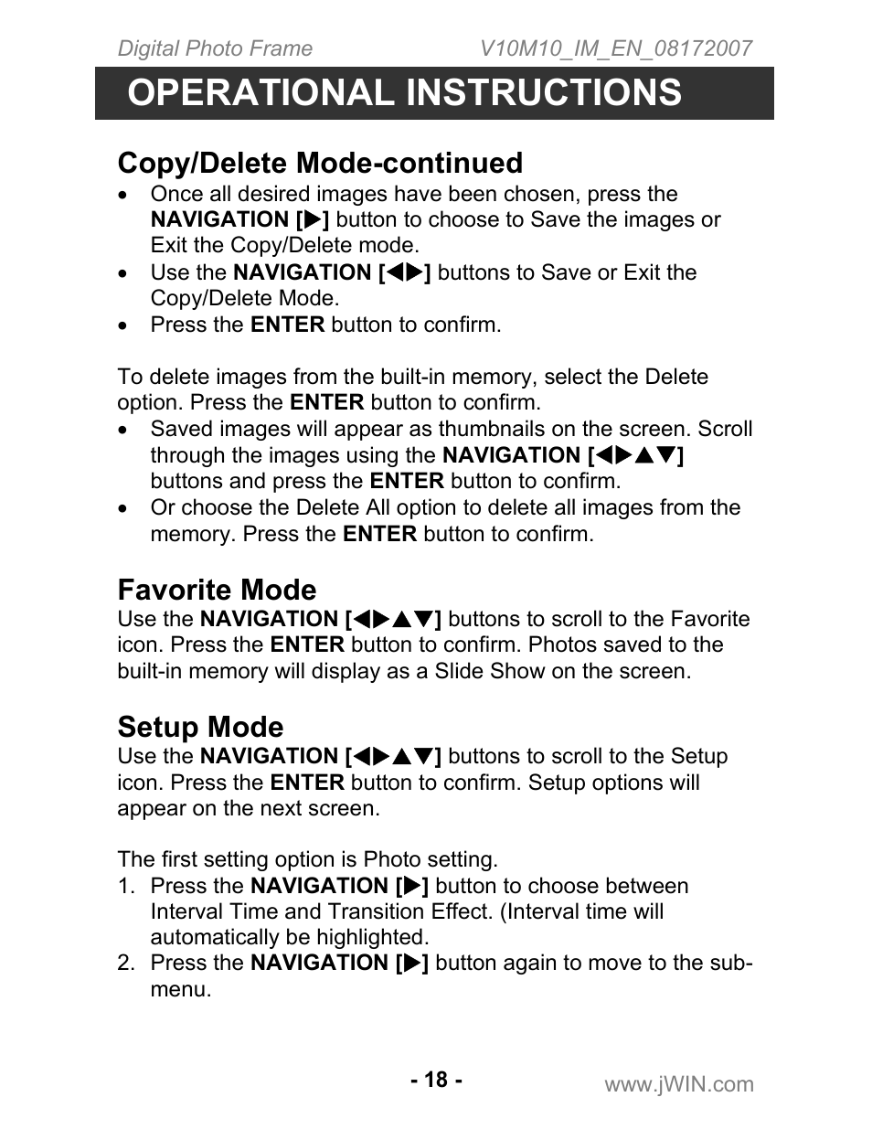 Operational instructions, Copy/delete mode-continued, Favorite mode | Setup mode | Jwin JP-147 User Manual | Page 18 / 24